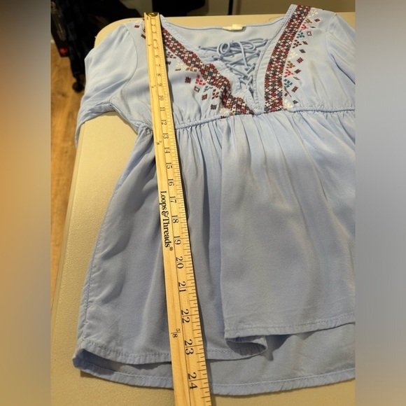 Aeropostale Women's Boho Lace Up Top Blue Medium Embroidered Babydoll Hippie - Picture 9 of 11